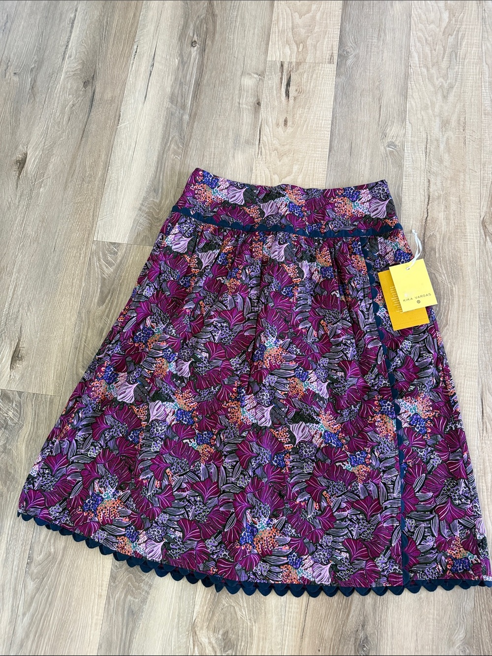 Kika Vargas NWT Plum Floral A-Line Skirt with Scalloped Hem